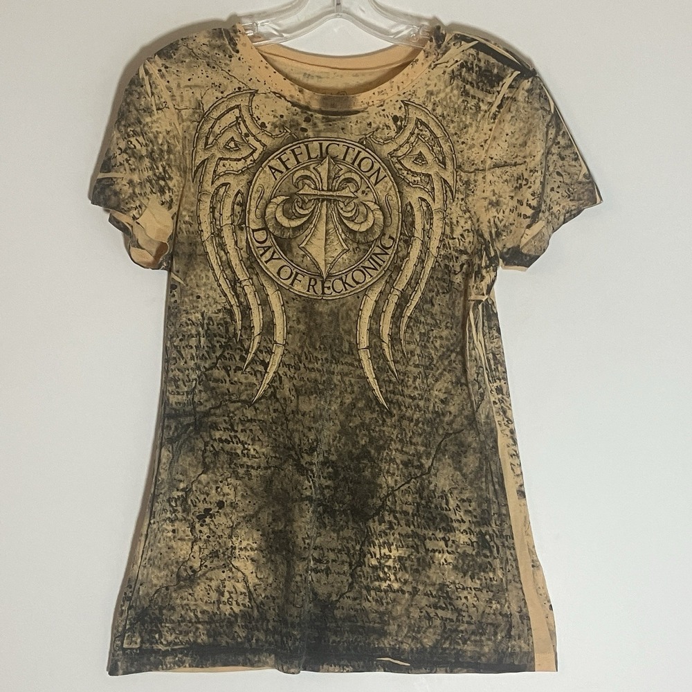 Affliction Shirt Womens XL Tan All Over Print Grunge Tee MMA‎ Fedor Arlovski AOP